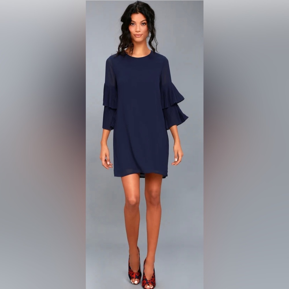 Lulu’s Move and Shake Navy Blue Shift Dress 3/4 Tiered Plisse’ Sleeves CL3
